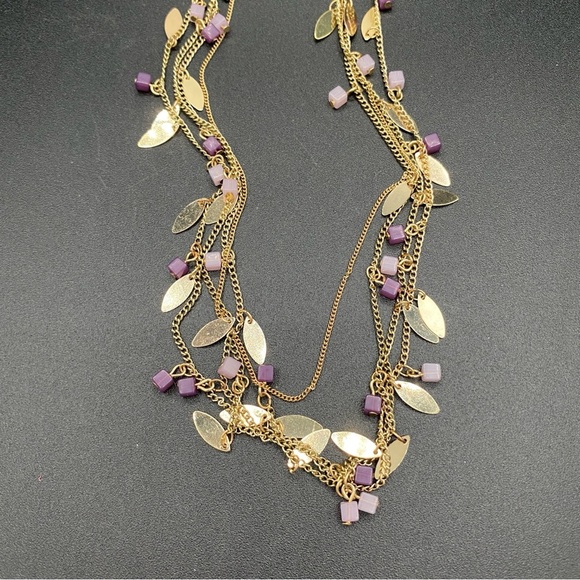 Pretty Dainty Multistrand Necklace with Gold Tone Leaves and Purple Square Beads - Picture 4 of 8